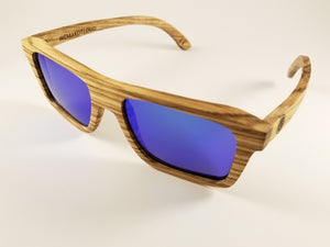 Zebra Wood Wayfarer Sunglasses with a Polarized Blue Mirror Lens.