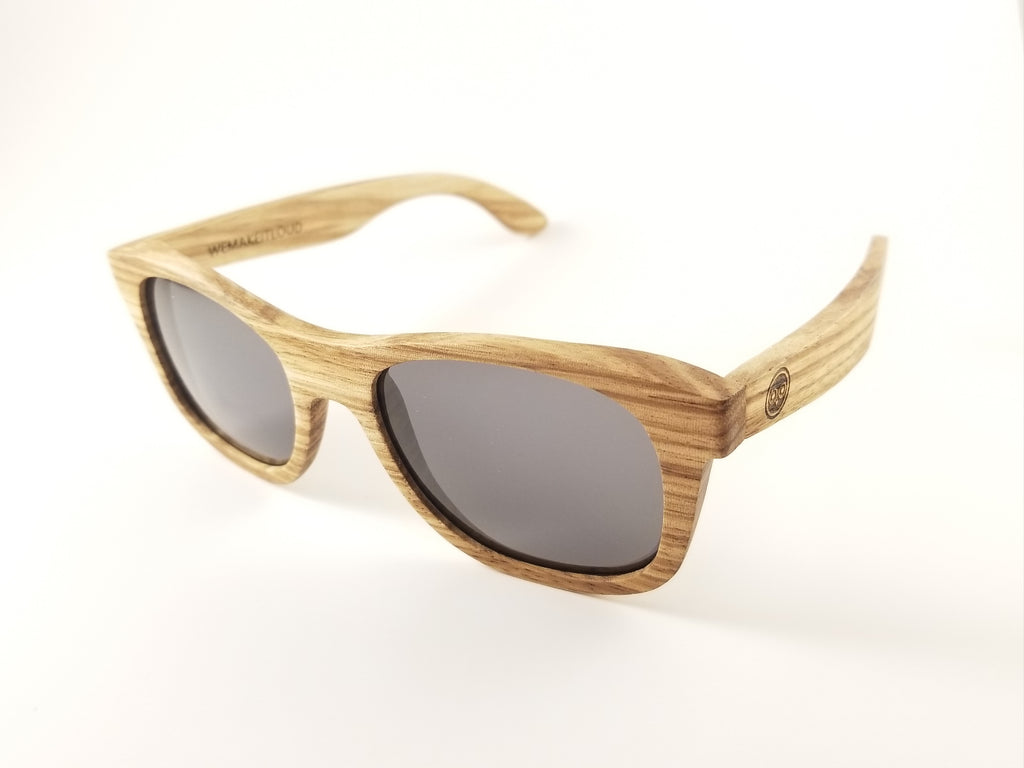 Zebra Wood Wayfarer Sunglasses with a Polarized Gray Lens.