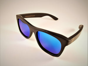 Black Bamboo Wayfarer Sunglasses with a Polarized Blue Mirror Lens